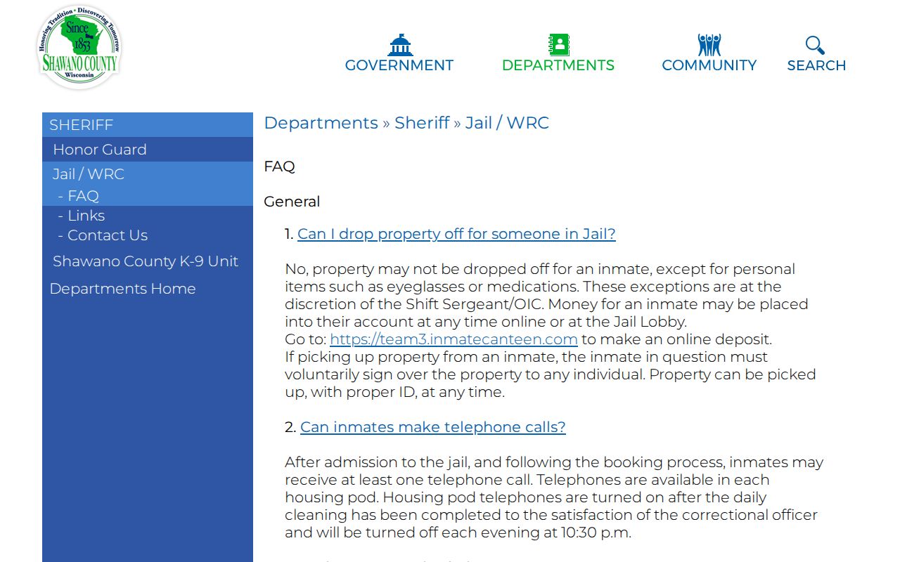 Shawano County jail booking and release FAQ for arrest lookup