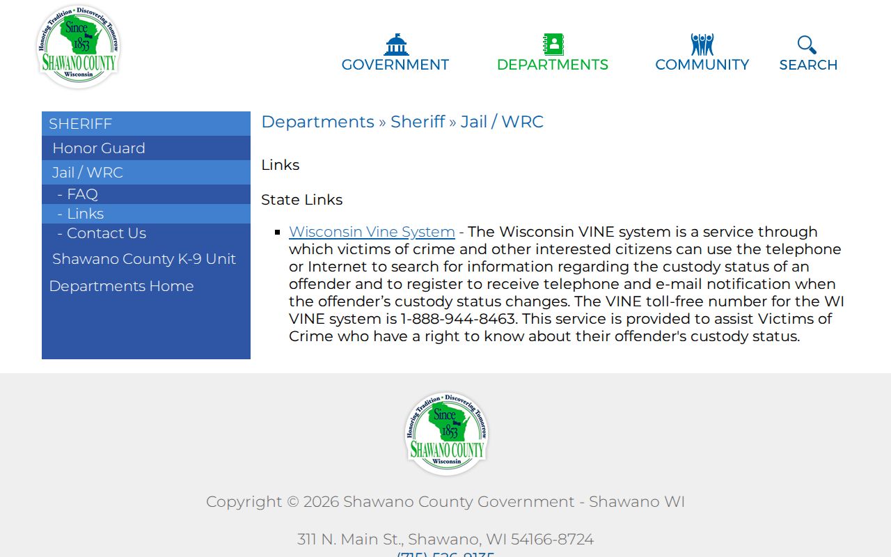 Shawano County jail custody and VINE links for arrest lookup