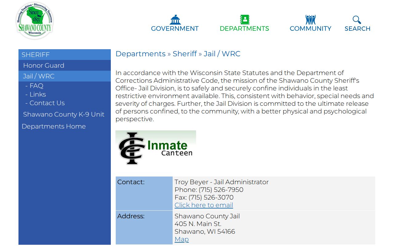 Shawano County arrest lookup jail and WRC page