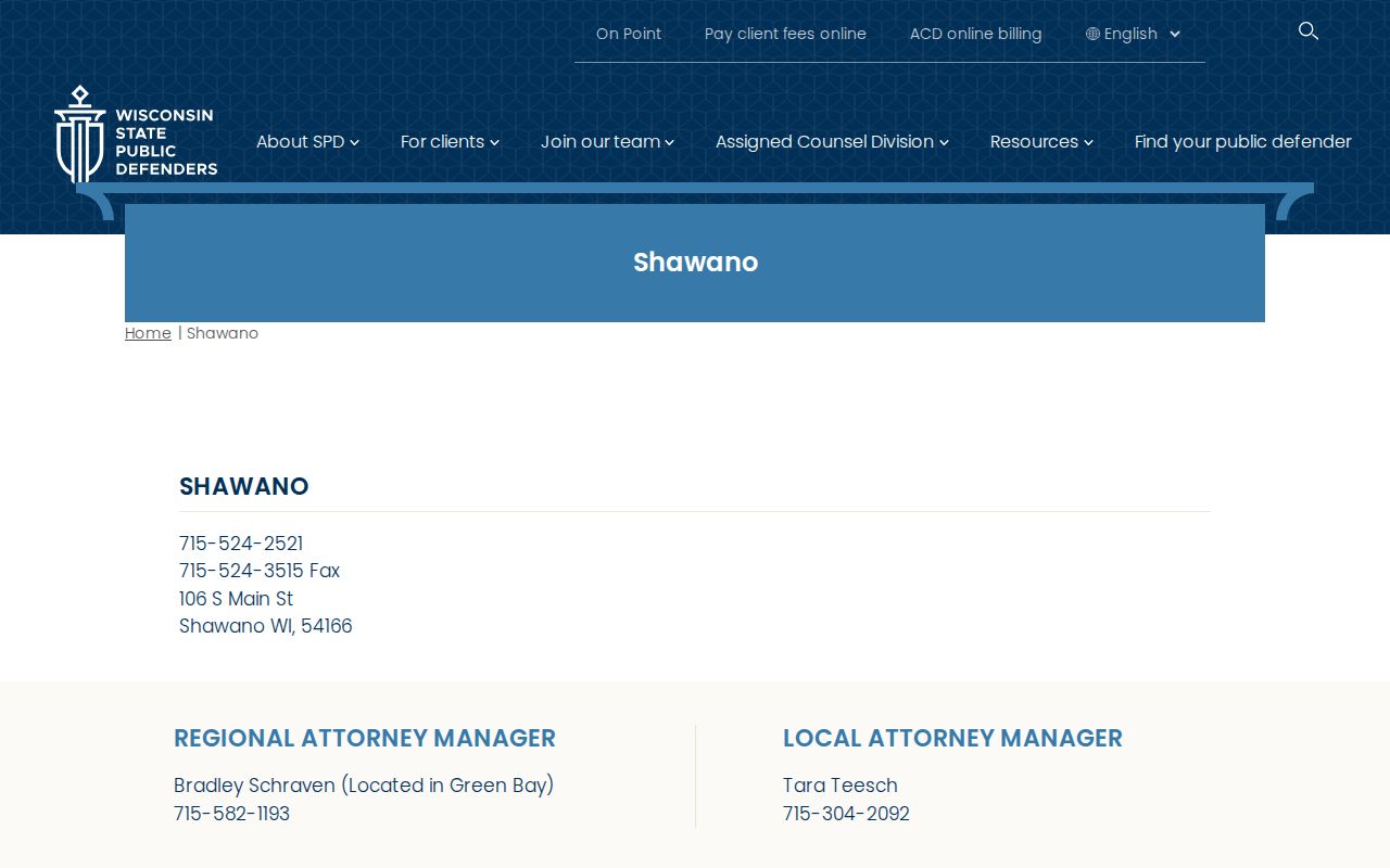 Shawano County public defender office for criminal court cases