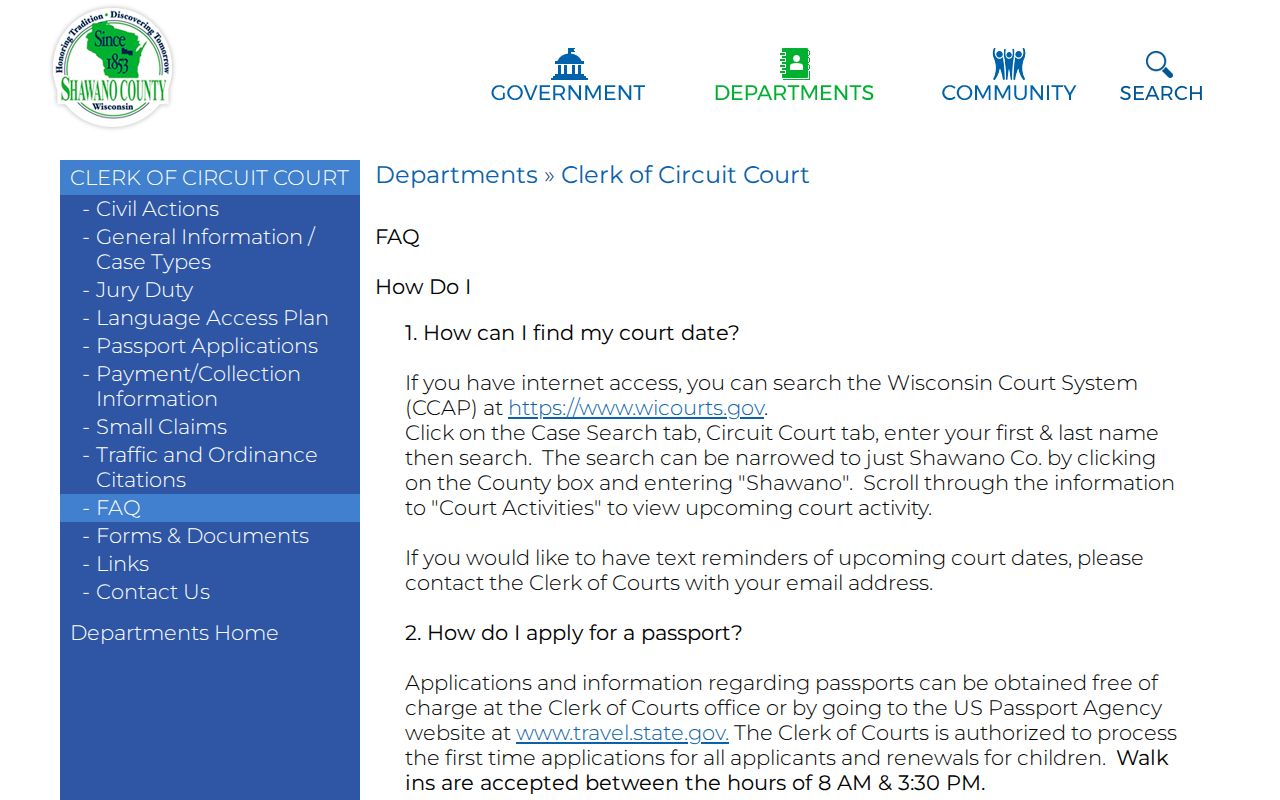Shawano County clerk FAQ for criminal court cases