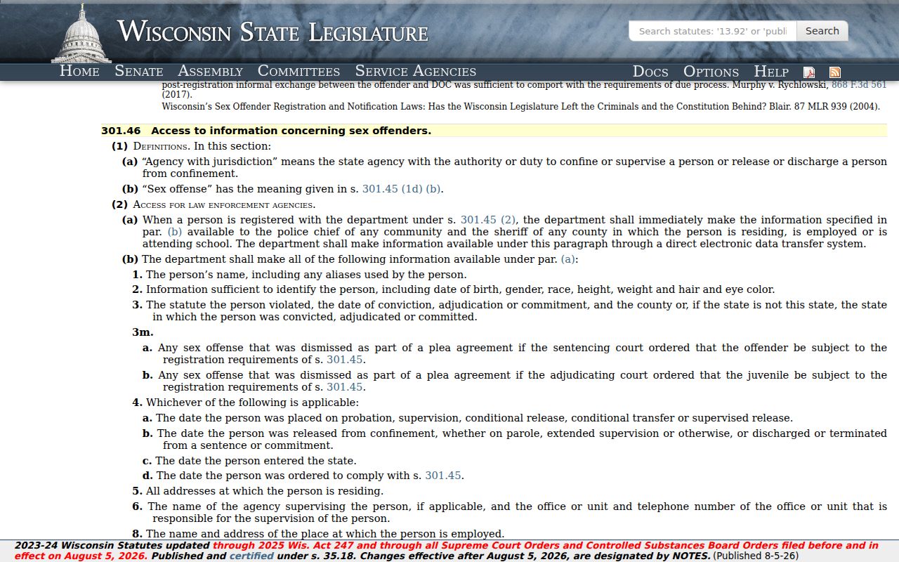 Wisconsin registry disclosure law for Shawano County sex offender records