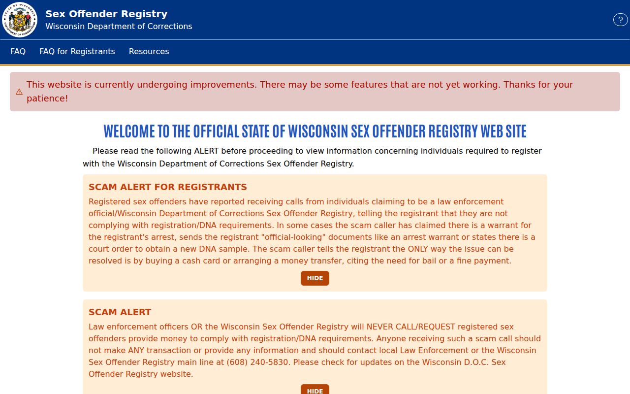 Shawano County sex offender search entry from Wisconsin DOC