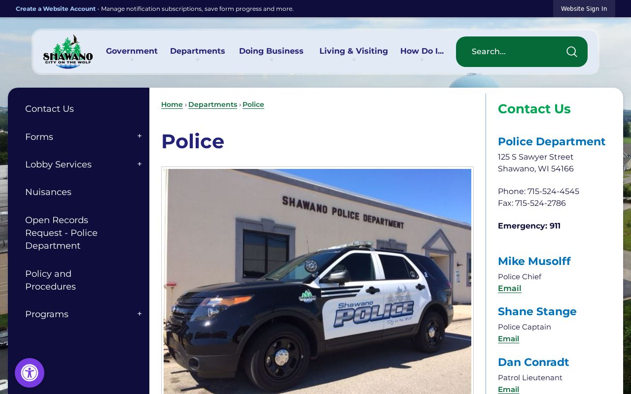 Shawano criminal records Police Department contact page