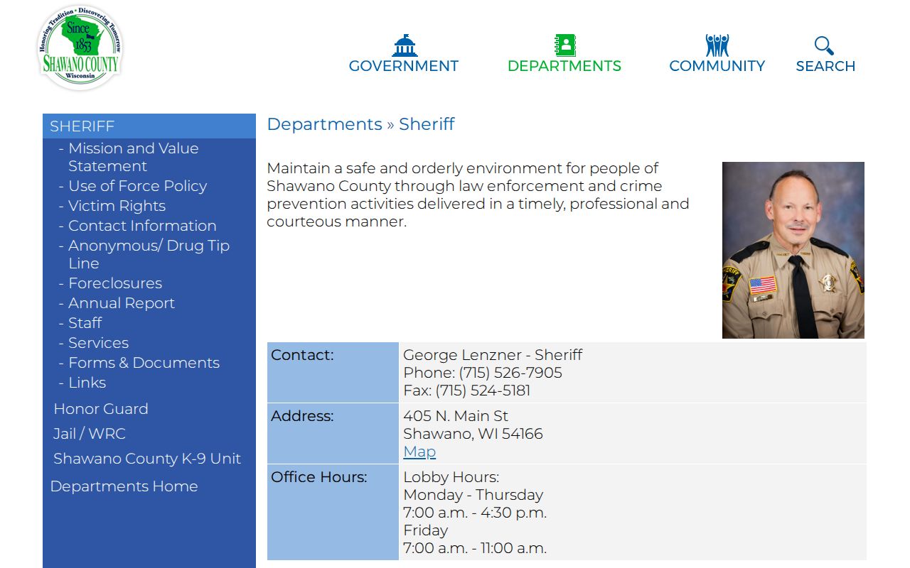 Shawano County Sheriff contact for criminal and jail records