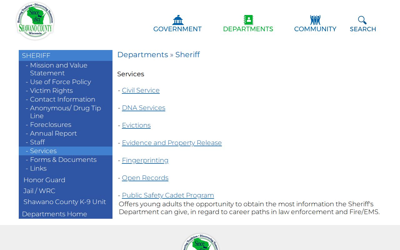 Wittenberg criminal records Shawano County Sheriff services